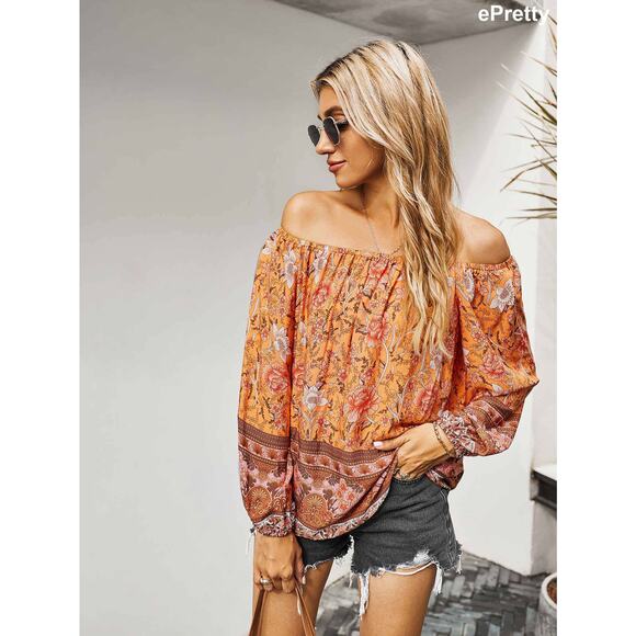 Orange Floral printed off shoulder blouse - Small - Picture 3 of 5